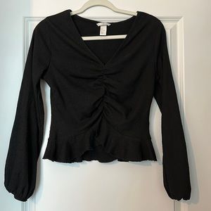 Small H&M Black Blouse With Balloon Sleeves and Frill Bottom